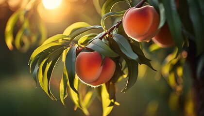 Wall Mural - Luscious ripe peach basking in golden hour sunlight, showcasing soft fuzz detail with clean, sharp focus and beautifully soft shadows