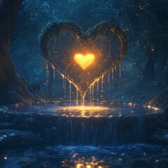 Sticker - A glowing heart-shaped fountain in a mystical forest setting.