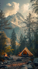 camping tent in the forest.summer camp with bonfire, tent, backpack . landscape with mountain, fores
