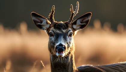 Wall Mural - Startled deer with open mouth and intense gaze illuminated by soft morning light in high clarity facing the viewer