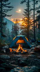 camping tent in the forest.summer camp with bonfire, tent, backpack . landscape with mountain, fores