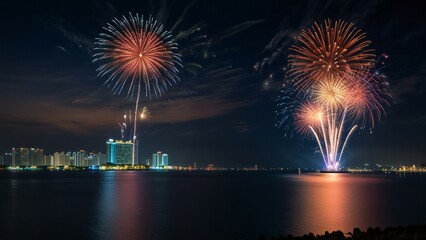 Wall Mural - fireworks over the river