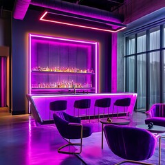 Sticker - Neon-Lit Bar Interior with Purple Accents and Modern Furniture.