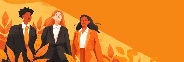 Three individuals in business attire pose together against a warm, orange backdrop filled with autumn leaves, reflecting a spirit of collaboration and professionalism