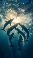 Poster - A group of dolphins swimming gracefully in sunlit water.