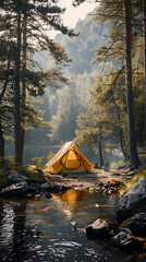 camping tent in the forest.summer camp with bonfire, tent, backpack . landscape with mountain, fores