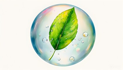 Wall Mural - Vitality of Nature: A Fresh Leaf Inside a Bubble with Bright Light in a Cute and Elegant Watercolor Style