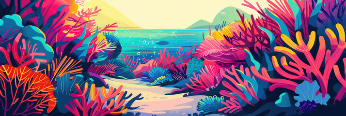 Sticker - A vivid underwater landscape features vibrant coral reefs, tropical fish, and bubbles drifting upward, illuminated by the soft glow of the morning sun