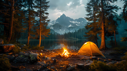 camping tent in the forest.summer camp with bonfire, tent, backpack . landscape with mountain, fores