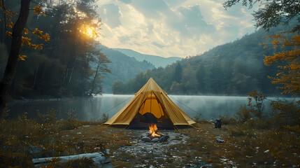 camping tent in the forest.summer camp with bonfire, tent, backpack . landscape with mountain, fores