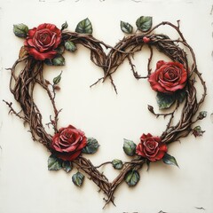 Canvas Print - A heart-shaped arrangement of roses and vines.