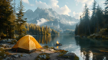 camping tent in the forest.summer camp with bonfire, tent, backpack . landscape with mountain, fores