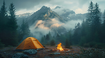 camping tent in the forest.summer camp with bonfire, tent, backpack . landscape with mountain, fores