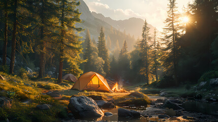 camping tent in the forest.summer camp with bonfire, tent, backpack . landscape with mountain, fores