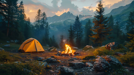 camping tent in the forest.summer camp with bonfire, tent, backpack . landscape with mountain, fores