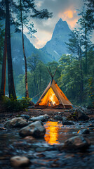 camping tent in the forest.summer camp with bonfire, tent, backpack . landscape with mountain, fores