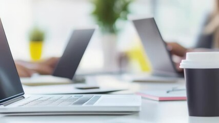Poster - Close-up of a laptop and coffee cup on a business desk with blurred figures working in the background. Modern office environment and collaboration.