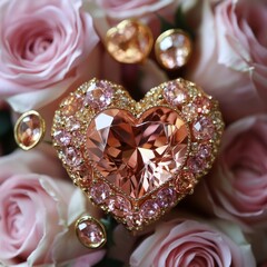 Wall Mural - A heart-shaped jewel surrounded by pink roses.