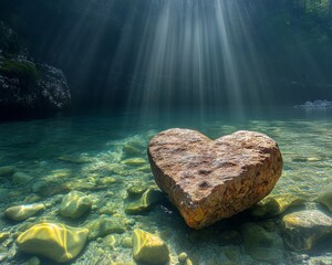 Canvas Print - A heart-shaped rock in clear water with sunlight beams.