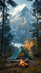 camping tent in the forest.summer camp with bonfire, tent, backpack . landscape with mountain, fores