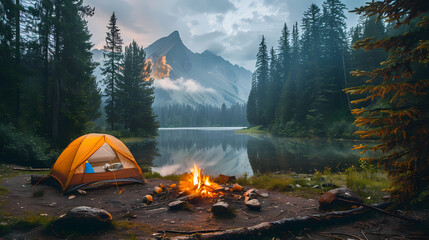 camping tent in the forest.summer camp with bonfire, tent, backpack . landscape with mountain, fores