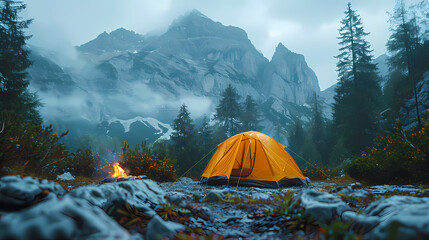 camping tent in the forest.summer camp with bonfire, tent, backpack . landscape with mountain, fores