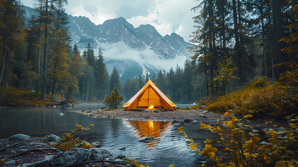 camping tent in the forest.summer camp with bonfire, tent, backpack . landscape with mountain, fores
