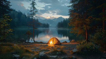 camping tent in the forest.summer camp with bonfire, tent, backpack . landscape with mountain, fores