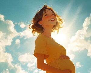 Poster - A joyful pregnant woman smiling against a bright sky.