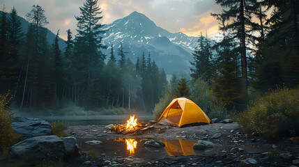 camping tent in the forest.summer camp with bonfire, tent, backpack . landscape with mountain, fores