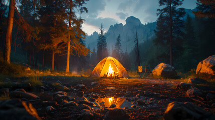 camping tent in the forest.summer camp with bonfire, tent, backpack . landscape with mountain, fores
