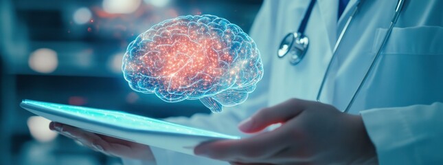 Poster - Doctor Holding Digital Brain on Tablet