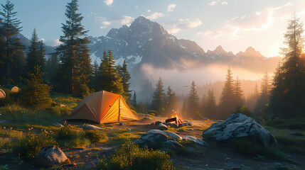 camping tent in the forest.summer camp with bonfire, tent, backpack . landscape with mountain, fores