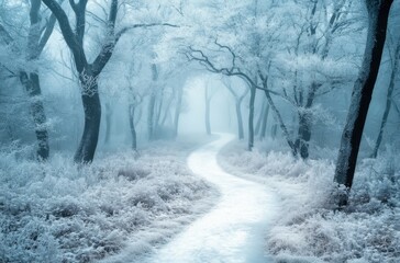 Poster - A serene winter landscape with trees covered in frost, misty air, and a winding path leading through the forest. The scene is bathed in soft blue light, creating an ethereal atmosphere.
