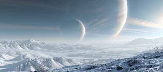 Frozen planet landscape with two moons in the sky, snow-covered mountains, and a wide, vast expanse.