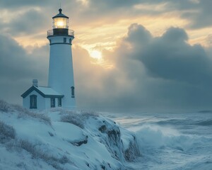 Sticker - A lighthouse stands resilient against stormy seas at sunset.