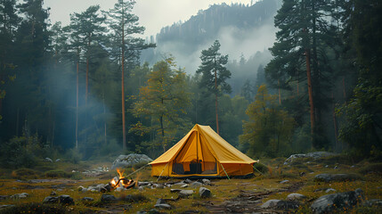 camping tent in the forest.summer camp with bonfire, tent, backpack . landscape with mountain, fores