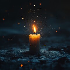 Sticker - A lit candle surrounded by glowing particles in a dark setting.