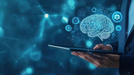 Poster - Technology and innovation concept. Artificial Intelligence and neural networks. Hand holding a digital brain with network connections. Futuristic digital brain. Smart Brain. Hologram brain