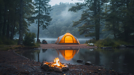 camping tent in the forest.summer camp with bonfire, tent, backpack . landscape with mountain, fores