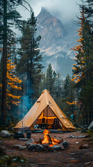 camping tent in the forest.summer camp with bonfire, tent, backpack . landscape with mountain, fores