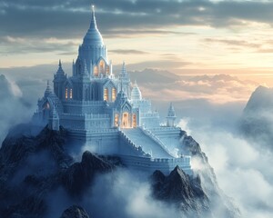 Sticker - A majestic castle atop a mountain, surrounded by clouds at dawn.