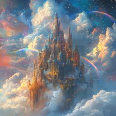 Wall Mural - A majestic castle surrounded by colorful clouds and rainbows.