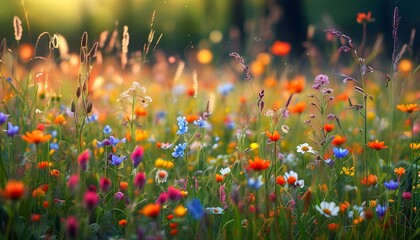 Enchanting spring meadow adorned with vibrant wildflowers in gentle focus, capturing the essence of natures beauty in warmer seasons.