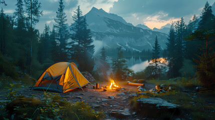 camping tent in the forest.summer camp with bonfire, tent, backpack . landscape with mountain, fores