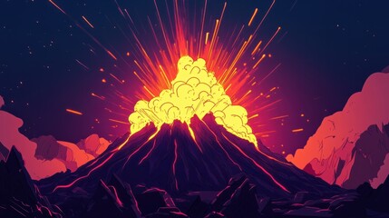 A cartoon volcano with a big lava explosion, comically exaggerated with motion lines and glowing flames.