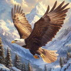 Wall Mural - A majestic eagle soaring over a mountainous landscape.