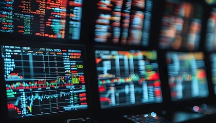 Canvas Print - Dynamic trading floor with stock tickers and real-time finance silhouettes, showcasing the pulse of market activity