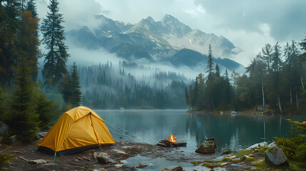camping tent in the forest.summer camp with bonfire, tent, backpack . landscape with mountain, fores