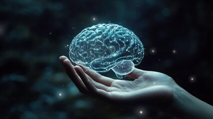 Poster - Technology and innovation concept. Artificial Intelligence and neural networks. Hand holding a digital brain with network connections. Futuristic digital brain. Smart Brain. Hologram brain